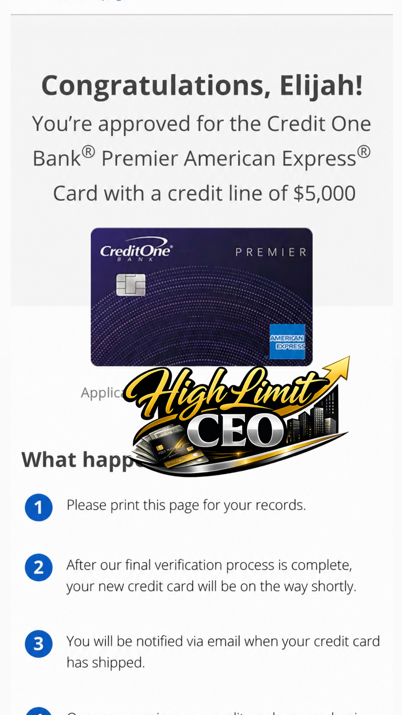 Credit One Bank Premier Amex $5,000 Approval